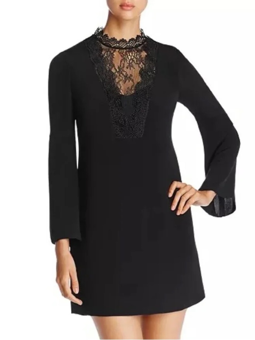 Kobi Halperin. Starla Silk Bell Sleeve Lace Inset Black Dress. Size Small.